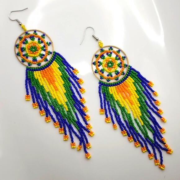Beaded Mandala Boho Dangle Earrings - Picture 1 of 3